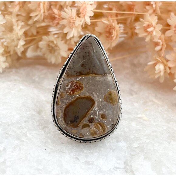 Agate Teardrop Shaped Southwest Style 925 Sterling Silver Vintage Ring - sz 5 - Picture 1 of 9